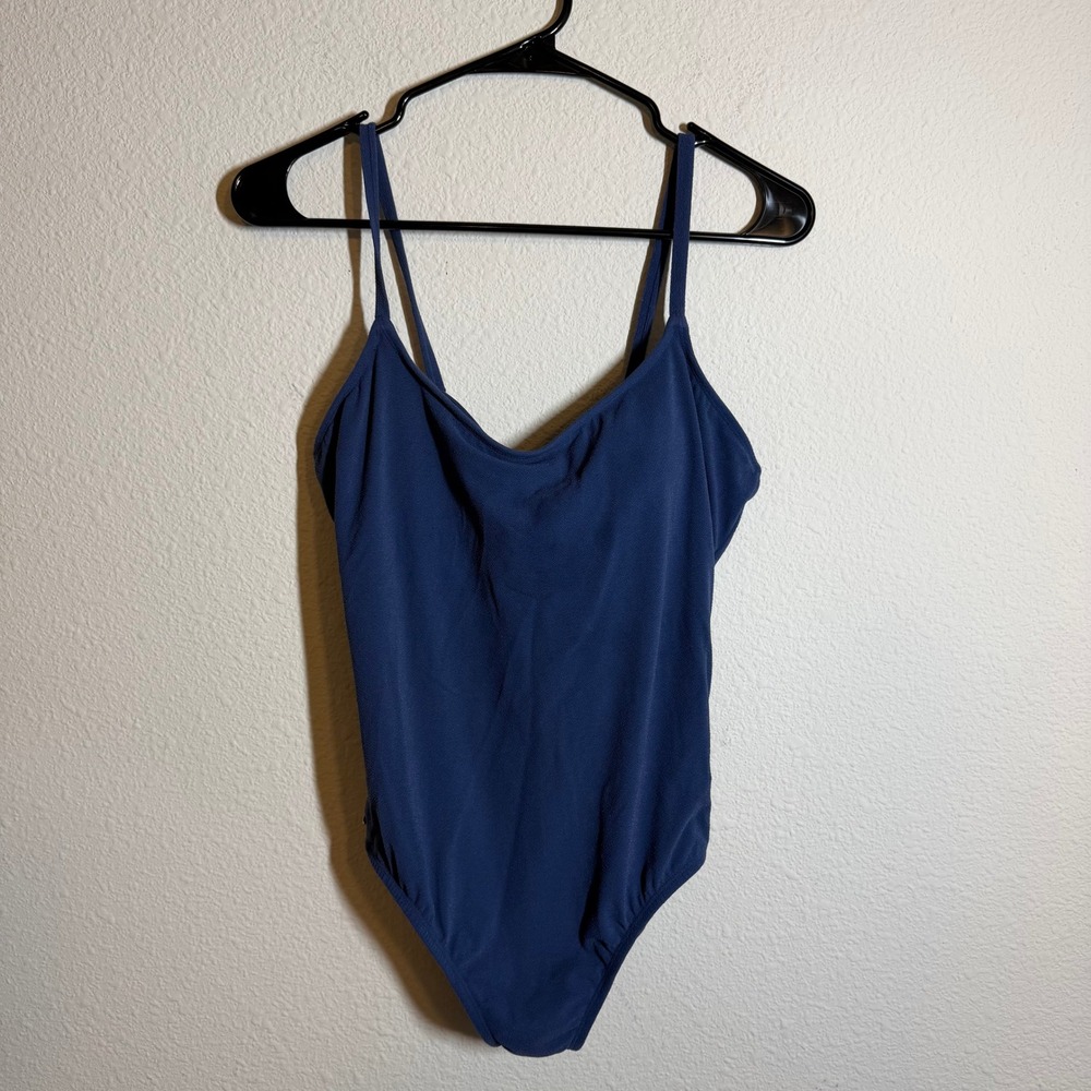 Navy Blue Textured One Piece Swimsuit Adjustable Straps Button Detail Small